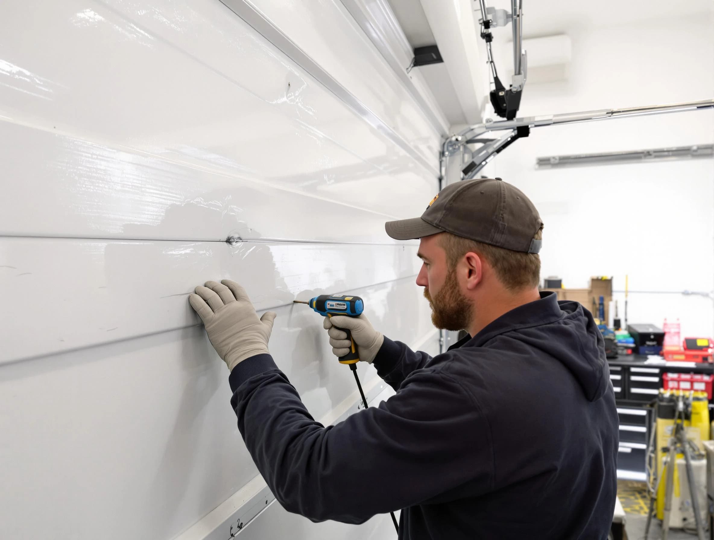 Gold Canyon Garage Door Repair technician demonstrating precision dent removal techniques on a Gold Canyon garage door